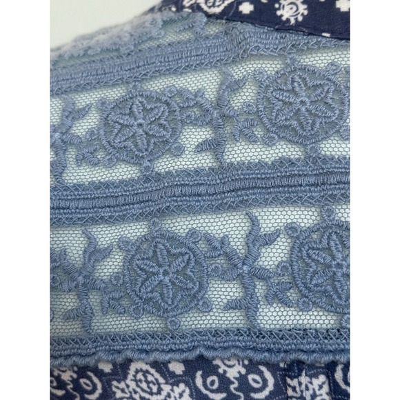 Sundance Women's Small Blouse Top Navy Blue White Floral Sheer Long Sleeve - Picture 12 of 15